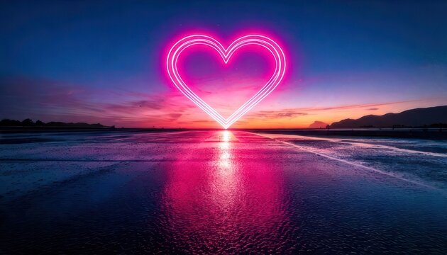 Neon Heart Reflecting on Water at Sunset - A Romantic Scene.