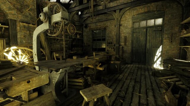 rustic mill interior with gear assemblies and belt drives damp stone walls, aged wooden floorboards, waterwheel echoes, scattered tools and restoration