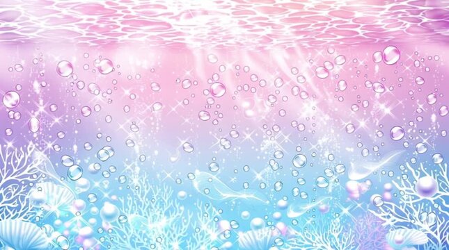 Underwater bubble background motion video featuring magical shimmering lights glowing soft pink and blue hues with coral reefs and pearlescent textures floating in a dreamy aquatic environment