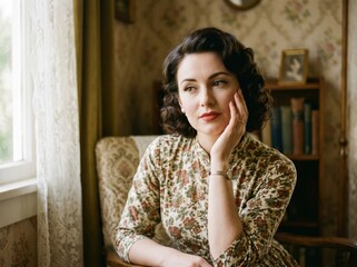 Fototapeta premium A retro beauty touching her face, soft shadows, vintage palette