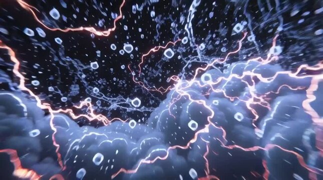 Abstract plasma clouds flowing through a dark atmosphere with glowing electric lightning bolts and raining water droplets creating a dynamic cinematic motion video for visual background effects