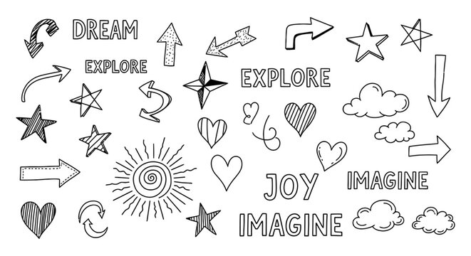 handdrawn doodle icons of arrows stars clouds hearts and words like dream and explore