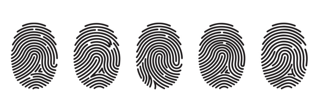 Fingerprint Biometric Identification Icons Set: Security and Identity Symbols. Fingerprint solid icon black, line, flat vector, isolated illustration. Touch ID icon set. Touch ID vector symbol set.