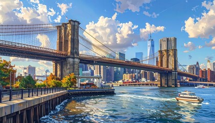 Obraz premium Scenic image of suspension bridge over water with city skyline & fluffy clouds
