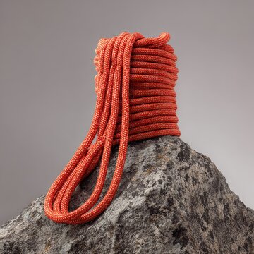 Rolled orange climbing rope coiled on gray rock against plain background.