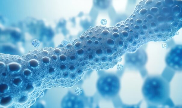 close-up of a blue porous tubular nanostructure with floating spherical particles and hexagonal molecular lattice, evoking futuristic scientific curiosity