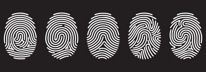 Fingerprint scan icons collection in black. Set of biometric identification symbols with different line patterns. White Fingerprint Icons. Abstract Spiral Patterns, Identity and Security Concept ©  