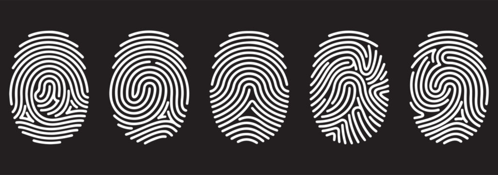 Fingerprint scan icons collection in black. Set of biometric identification symbols with different line patterns. White Fingerprint Icons. Abstract Spiral Patterns, Identity and Security Concept