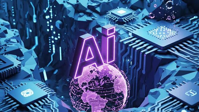 Isometric ai logo floating above digital earth globe with glowing purple energy circuitry background