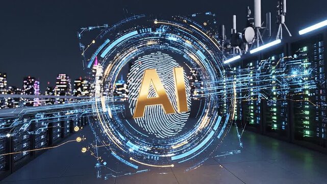 Dutch angle shot of golden ai logo glowing with digital data circuitry on city server rooftop