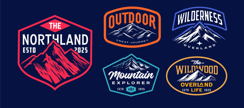 colorful mountain rustic badge design for t-shirt. set collection of vintage adventure badge. Camping emblem logo with mountain illustration in retro style isolated on black background