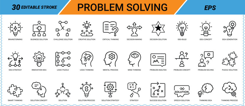 Problem solving editable line art icon pack. Icon bundle, icon set, web icon, app icon, brainstorming, critical thinking, decision making, idea, innovation, logic, strategy, analysis, and more. Vector