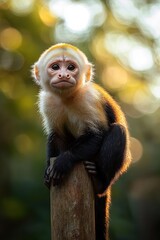 Fototapeta premium small capuchin monkey perched on a wooden post, backlit by warm golden sunlight with soft bokeh, looking curious and contemplative