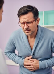 Naklejka premium Mature Man in Pain Clutching Stomach During Medical Consultation in a Clinic for Healthcare Awareness Campaign, Featuring Empathetic Patient and Caregiver Interaction