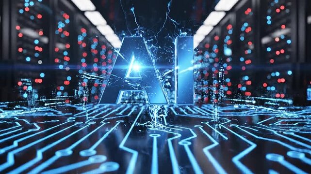 Futuristic data center with glowing ai logo in blue light advanced technology concept