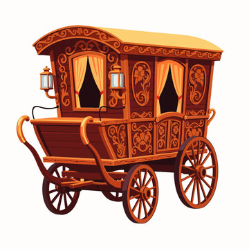 Ornate vintage wooden gypsy wagon illustration. Detailed traditional vardo caravan with intricate carvings and curtains, isolated on white background.