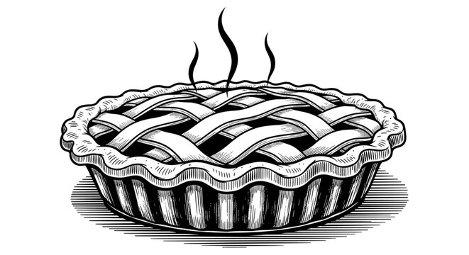 Black and white ink drawing of a delicious lattice top pie with steam rising from hot baked dessert.