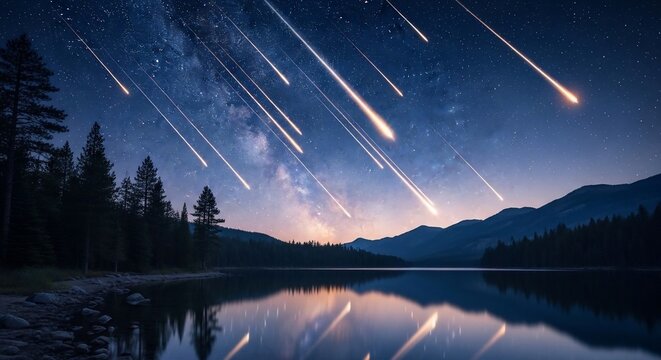 Meteor shower over still lake