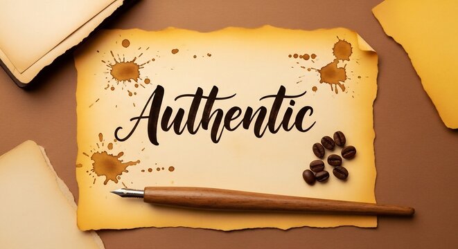 Authentic handwritten word on aged parchment with coffee beans and pen.