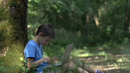 teen boy sitting near a tree in the forest and working on a laptop, sunrays, have fun and enjoy © vla