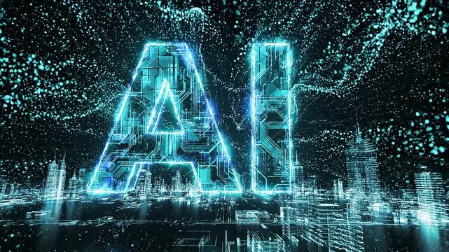 Futuristic ai logo animation with glowing digital circuitry particles in a virtual cityscape