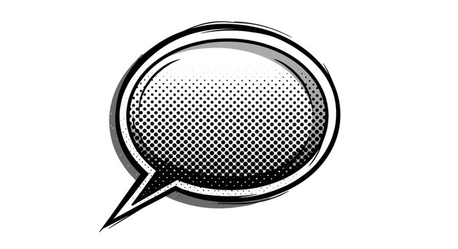 Blank comic speech bubble with halftone dots pattern and black shadow outline for dialogue design elements on white space.