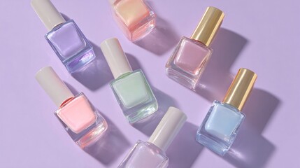 Obraz premium Flat lay of pastel nail polish bottles scattered organically on soft lilac background, glossy reflections, modern beauty aesthetic
