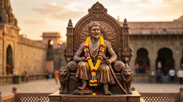 Image depicts a bronze statue of a historical figure seated on an ornate throne. The statue features intricate detailing, with the figure wearing a traditional turban and a prominent mustache. The fac