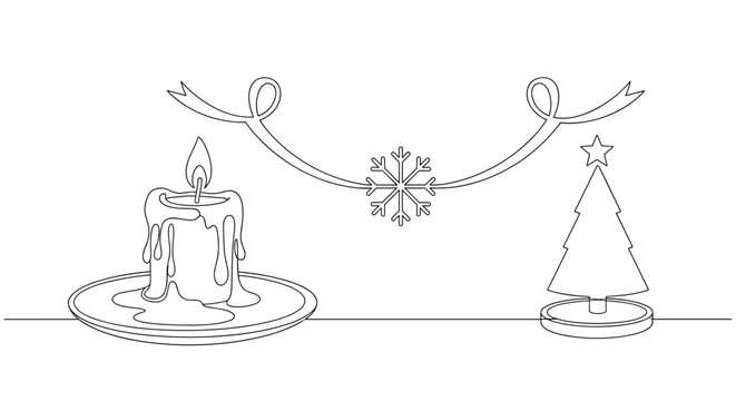 Christmas winter continuous line art with melting candle snowflake and holiday pine tree on simple table surface background.