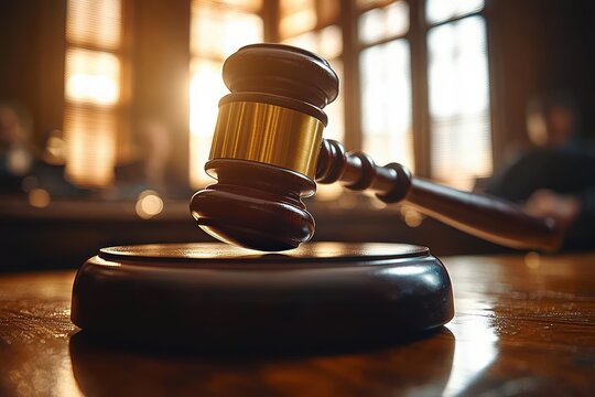 Close-up of wooden gavel on sound block in sunlit courtroom conveying solemn authority and justice