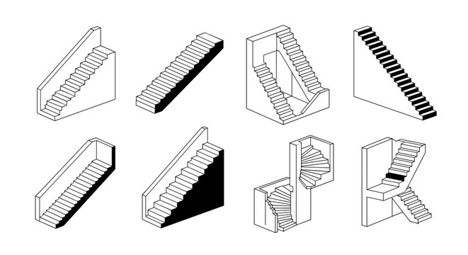 Collection of eight isometric stair designs including straight and spiral variations with shadows.
