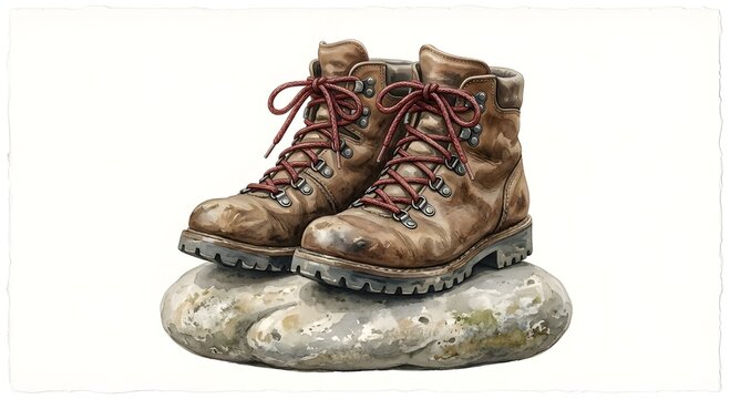 Watercolor illustration of classic brown leather hiking boots with red laces resting on a smooth weathered rock, isolated on white textured background.