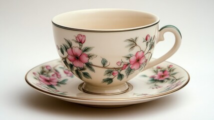 Fototapeta premium Porcelain teacup with handle and matching saucer featuring pink floral pattern and gold rims on white background, delicate elegant serene presentation
