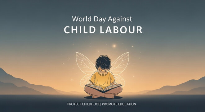 Fairy boy child reading book World Day Against Child Labour concept