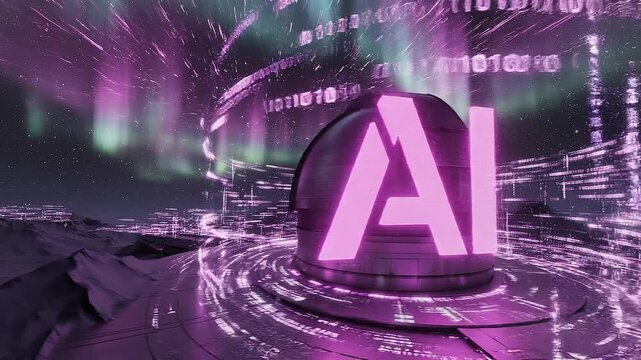 First person pov shot of glowing magenta ai logo with futuristic digital environment