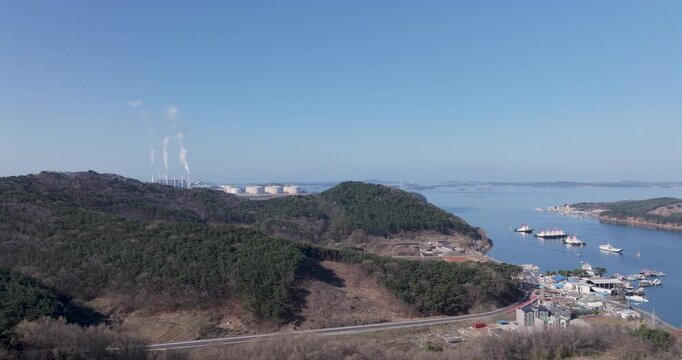 Aerial Drone Footage of Peaceful Ocheon Port and Chungcheong Suyeongseong Fortress, Boryeong, South Korea