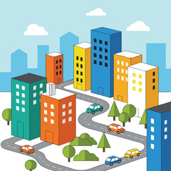 Obraz premium Colorful City Buildings with Roads.