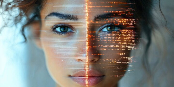 close-up portrait of a young woman with a calm, confident gaze split down the middle by glowing orange binary code and horizontal data lines, merging human and digital