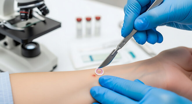Medical biopsy procedure for cancer diagnosis involving professional tissue sample collection from human skin layer using a sharp surgical tool for laboratory pathology examination and testing.