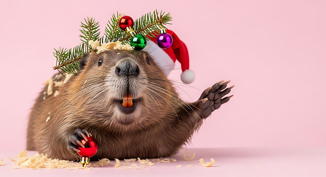 Festive beaver holding pine branches and holiday ornaments surrounded by wood shavings against a vibrant pink studio background, perfect for quirky seasonal greeting card design.