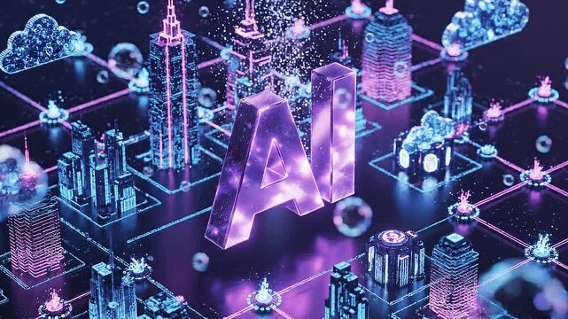 Isometric ai logo floating above a glowing digital smart city grid in purple and blue neon light