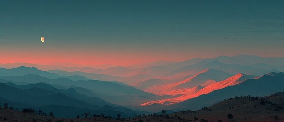 Fototapeta premium Colorful layered mountains bathed in sunset glow, distant moon. Captures peace and beauty; excellent for web or print design.