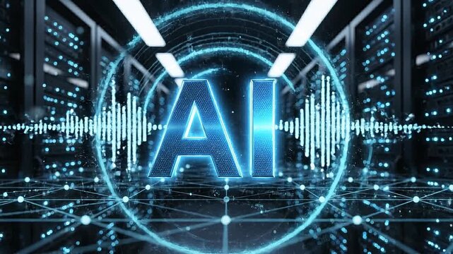Glowing blue ai logo pulsing with digital data waves inside a modern server room facility