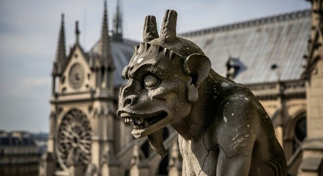 Gargoyle statue against cathedral