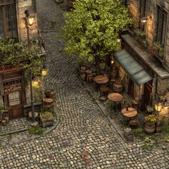 Obraz premium Cobblestone street with outdoor cafe seating and tree in historic European town.