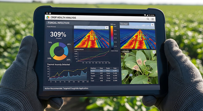Advanced digital tablet displaying agricultural crop fungus infection analysis using sophisticated thermal imaging infrared technology for smart precision farming and plant health monitoring.