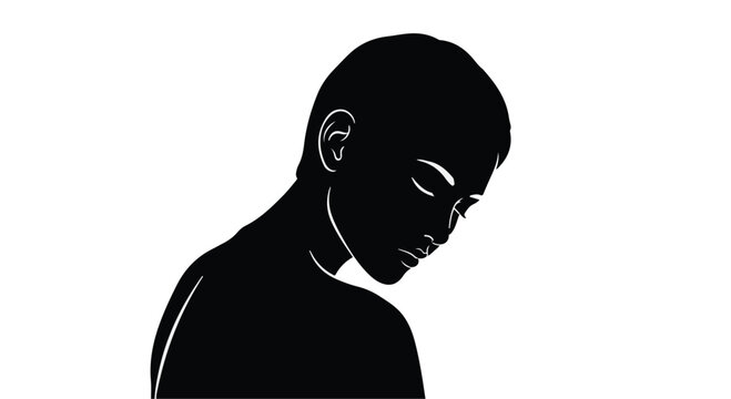 Pensive young person with eyes closed, looking down in profile against a white background.