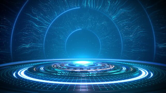 Blue Futuristic Circular Stage Digital Particles Neon Lights sci-fi podium background concentric circles data particles. product showcases, virtual news studios, tech awards, holographic presentations