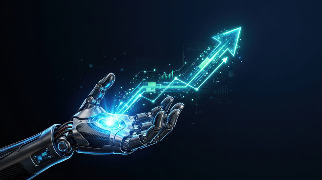 Algorithmic trading artificial intelligence robot hand technology data chart growth arrow Futuristic robot hand projecting glowing data chart and upward arrow for algorithmic trading concept with