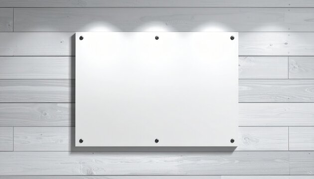 Spazio espositivo vuoto: cartello bianco su parete di legno illuminato da faretti per messaggi personalizzati.